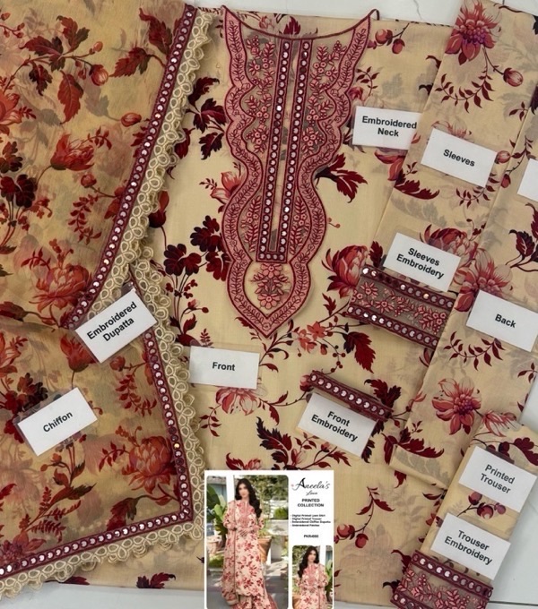 premium lawn fabric for the shirt and trouser, and paired with a beautifully printed chiffon dupatta, this design stands out with its 9mm sequence embroidery, embroidered lace accents, and finely detailed patches. Every element is thoughtfully designed to create a balanced, elegant, and highly wearable luxury outfit.