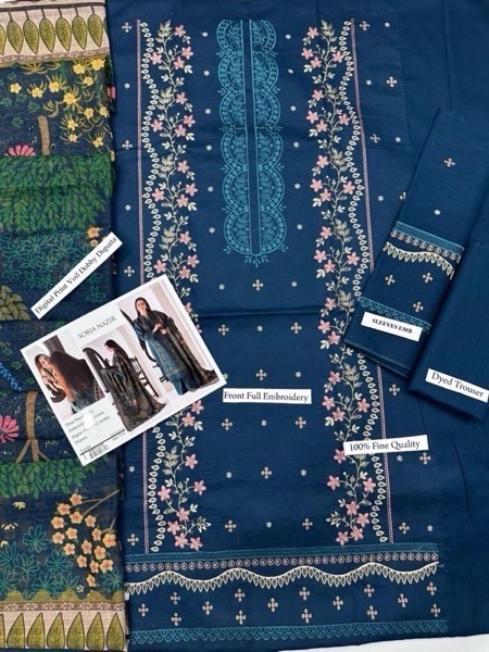 The digital print voil dobby dupatta adds a vibrant yet elegant contrast to the embroidered lawn shirt. Its airy texture and beautiful print enhance the overall look, making the suit visually balanced and graceful.