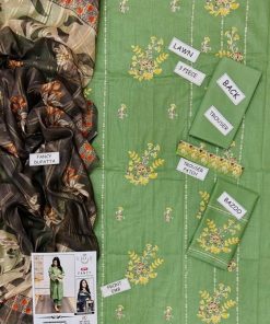 URGE IA-65 Luxury Lawn Collection 3 piece unstitched suit with heavy embroidered front, embroidered sleeves, plain back, lawn trouser, and digital print monark dupatta.