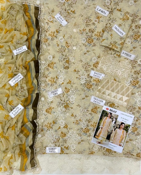 Motifz IA-96 Most Demanding Edition 3 Piece Suit is a premium ladies unstitched digital printed lawn suit, designed for women who love vibrant prints combined with heavy embroidery patches. This outfit offers a modern designer look, perfect for summer wear and semi-formal occasions.