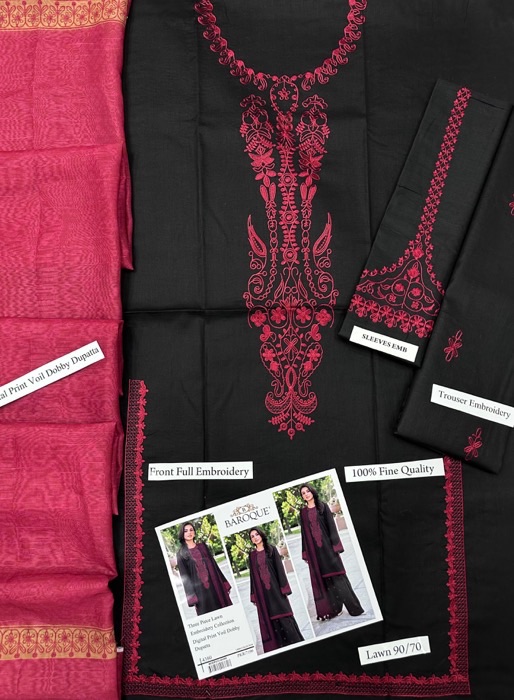 Baroque IA-101 Lawn 3 Piece Suit is a beautifully designed ladies unstitched lawn suit, perfect for women who prefer heavy embroidery with a stylish digital printed dupatta. This outfit combines comfort, elegance, and premium detailing, making it ideal for summer and semi-formal occasions.