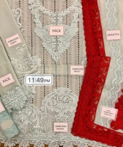 The suit includes a heavy embroidered khaddi net dupatta with organza borders, adding a luxurious and elegant touch to the outfit.