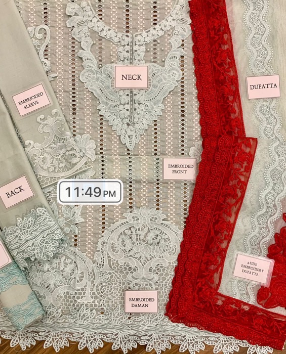 The suit includes a heavy embroidered khaddi net dupatta with organza borders, adding a luxurious and elegant touch to the outfit.