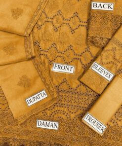 Kahf KF-673 3 piece suit featuring heavy chikankari embroidered lawn shirt, chiffon dupatta with cutwork border, and plain cambric trouser