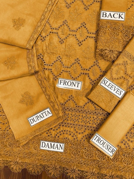 Kahf KF-673 3 piece suit featuring heavy chikankari embroidered lawn shirt, chiffon dupatta with cutwork border, and plain cambric trouser