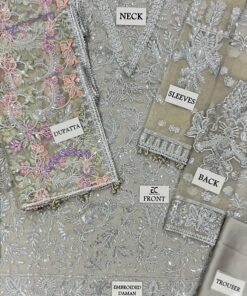 The Zarif ZF-693 Luxury Net Collection is a masterpiece designed for women who love heavily embroidered, festive outfits. This most hit design features a complete suit made on premium net fabric, paired with a sharmoz silk inner and trouser, offering a rich and elegant look.