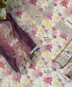 Iznik IZ-728 3 piece suit featuring printed lawn shirt with sequence embroidered neckline patch, printed sleeves with patch, printed trouser with embroidery patch, and chiffon dupatta with 4-sided appliqué