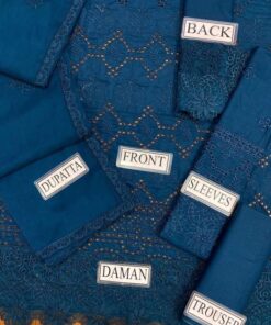 Elegant Khaf KF-661 cotton suit featuring heavy chikankari embroidery on front, sleeves, daman and chiffon dupatta with 4 sided embroidery and dyed cotton trouser.