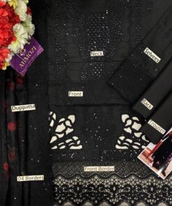 Premium Nureh NR-727 3 piece suit featuring heavy chikankari embroidered lawn front, laser work daman, embroidered sleeves with cuffs, printed organza dupatta with cutwork borders, and cambric trouser