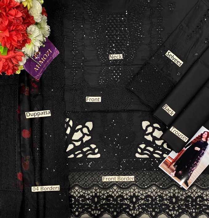 Premium Nureh NR-727 3 piece suit featuring heavy chikankari embroidered lawn front, laser work daman, embroidered sleeves with cuffs, printed organza dupatta with cutwork borders, and cambric trouser