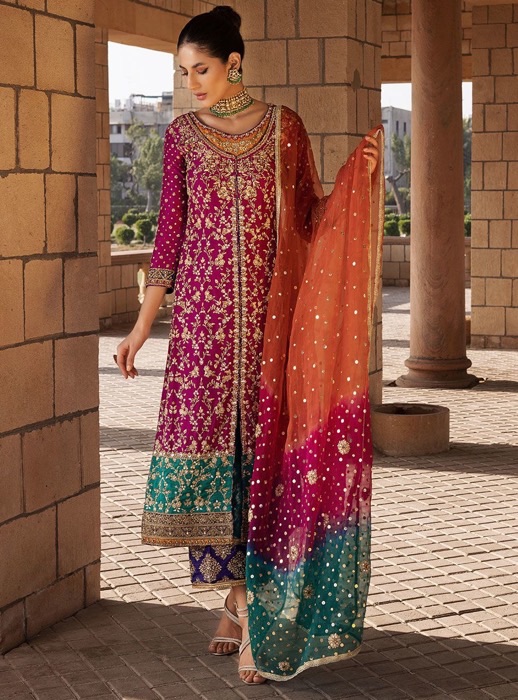 Zainab Chottani ZC-670 embroidered chiffon suit with net dupatta and silk trouser