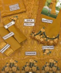 Elegant Zarqash ZR-665 cotton suit featuring full chikankari embroidered front, lace neckline, embroidered sleeves, chiffon embroidered dupatta and trouser with embroidered patches.