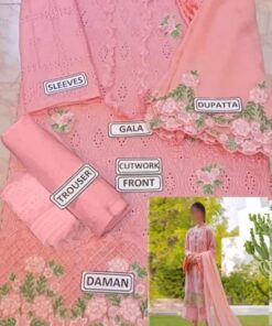 Elegant Zarqash ZR-663 cotton suit featuring full chikankari embroidered front, lace neckline, embroidered sleeves, chiffon embroidered dupatta and trouser with embroidered patches.