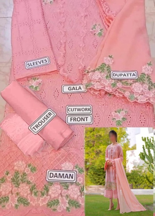 Elegant Zarqash ZR-663 cotton suit featuring full chikankari embroidered front, lace neckline, embroidered sleeves, chiffon embroidered dupatta and trouser with embroidered patches.