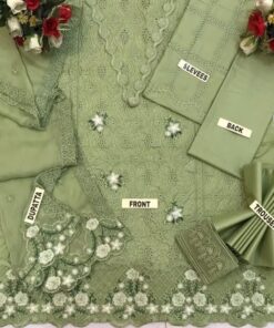 Elegant Zarqash ZR-664 cotton suit featuring full chikankari embroidered front, lace neckline, embroidered sleeves, chiffon embroidered dupatta and trouser with embroidered patches.