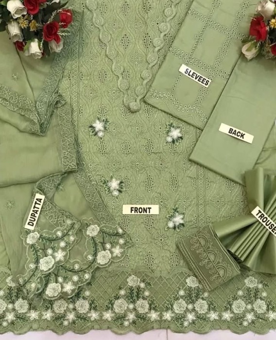 Elegant Zarqash ZR-664 cotton suit featuring full chikankari embroidered front, lace neckline, embroidered sleeves, chiffon embroidered dupatta and trouser with embroidered patches.