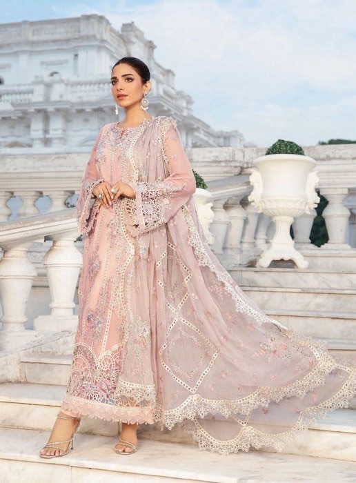 Maria B MB-707 Chiffon Suit with Heavy Schiffli Embroidery and Satin Silk Trouser