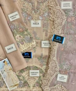 Premium Maria B MB-707 chiffon suit with schifflie and spangle embroidery, bead work, cutwork dupatta, and satin silk trouser.