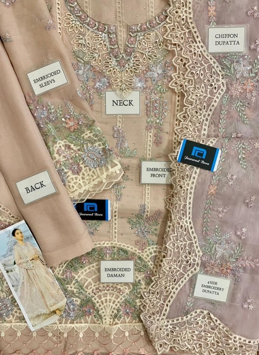 Premium Maria B MB-707 chiffon suit with schifflie and spangle embroidery, bead work, cutwork dupatta, and satin silk trouser.