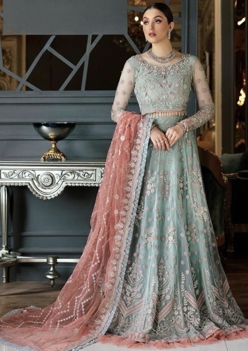 Emaan Adeel EA-704 Net Frock Suit with Heavy Embroidery and Satin Silk Trouser
