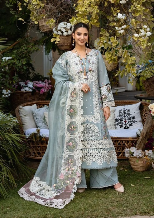 Elaf EF-719 chickenkari embroidered cotton suit with organza dupatta