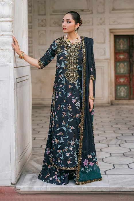 Iznik IZ-750 embroidered lawn suit with silk dupatta and zari work