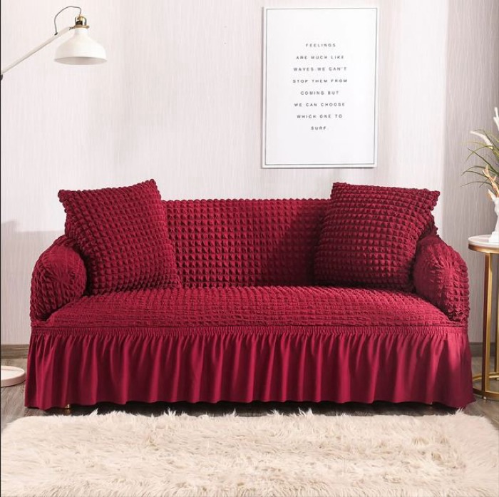 Red jersey bubble sofa cover Persian style with matching cushion covers