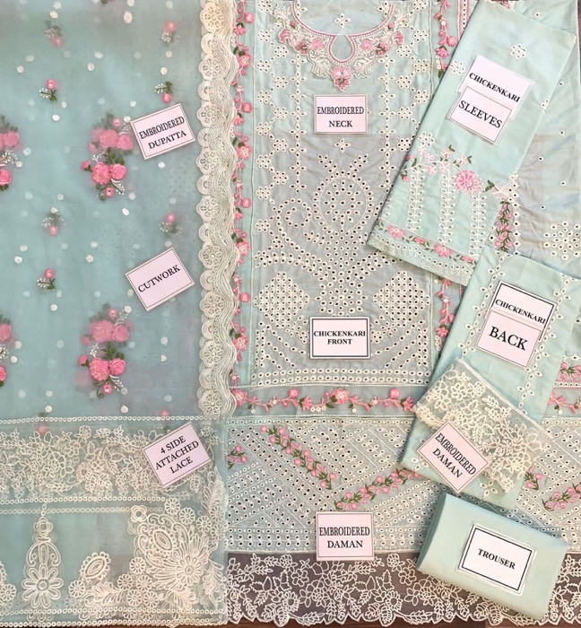 Introducing the Bin Ilyas BI-765 Heavy Chikankari Embroidered 3 Piece Suit, a beautifully crafted outfit designed for women who love rich traditional embroidery with a modern luxury touch. This suit features full heavy chikankari work on front, back, and sleeves, paired with a premium organza dupatta, making it perfect for festive and semi-formal occasions.