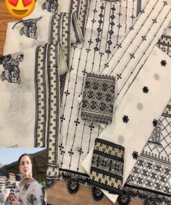 Introducing the Qalamkar QM-764 Heavy Spangle Embroidered Lawn 3 Piece Suit, a stunning outfit designed for women who love fully heavy embroidery with sparkling spangle work. This suit offers a luxurious look with rich detailing on front, back, and sleeves, making it perfect for festive and semi-formal occasions.