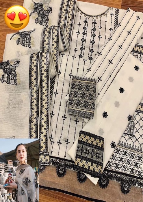 Introducing the Qalamkar QM-764 Heavy Spangle Embroidered Lawn 3 Piece Suit, a stunning outfit designed for women who love fully heavy embroidery with sparkling spangle work. This suit offers a luxurious look with rich detailing on front, back, and sleeves, making it perfect for festive and semi-formal occasions.