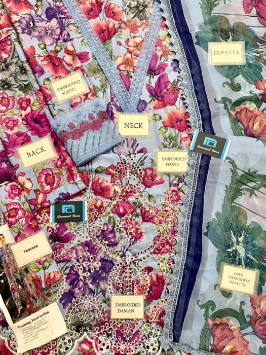 Introducing the Maria B MB-775 Printed Lawn 3 Piece Suit, a beautiful outfit designed for women who love schiffli embroidery with sparkling spangle detailing. This suit offers a perfect blend of modern prints and heavy embroidery, making it ideal for summer and semi-formal wear.