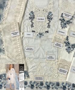 Introducing the Maria B MB-780 Heavy Cutwork Embroidered Cotton 3 Piece Suit, a luxurious outfit designed for women who love intricate cutwork embroidery with a modern designer touch. This suit combines heavy cotton embroidery with a digital printed organza dupatta, making it perfect for festive and semi-formal wear.