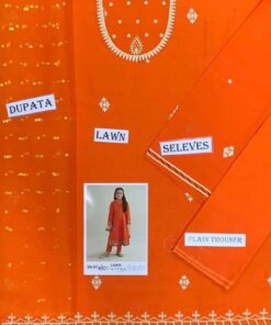 The Kids Lawn 3 Piece Embroidered Collection Design No 56 is a beautifully crafted outfit designed for girls who love a charming, neat, and stylish summer look. Ideal for ages 4 to 10–12 years, this suit combines soft lawn fabric with attractive embroidery, making it perfect for both daily wear and festive occasions.