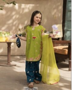 Stylish kids lawn embroidered 3 piece suit design 52 for girls summer collection