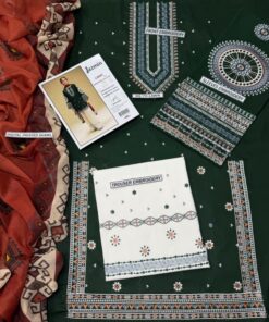 Buy the Baroque IA-144 Pure Lawn 3 Piece Embroidered Unstitched Suit with heavy embroidered front, sleeves, daman, premium embroidered trouser, and digital printed Pure Bember Chiffon dupatta. Premium designer quality by Abu Hurairah Fabrics.