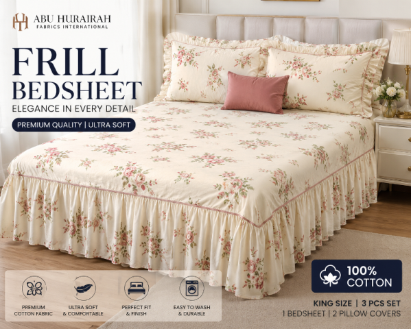 Premium Frill King Cotton Bed Sheet Soft Cotton Luxury Bedding Set by Abu Hurairah Fabrics