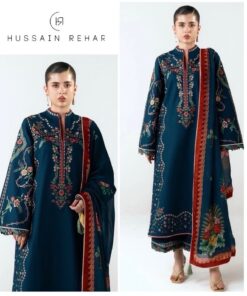 Hussain Rehar DHK-657 3 Piece Winter Dhanak Embroidered Luxury Suit featuring front full embroidery and digital print wool shawl.