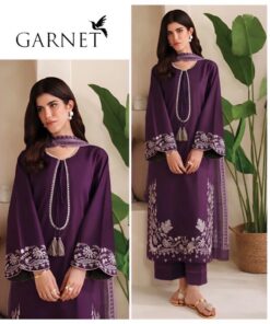 New Winter Arrival Garnet Dhanak DHK-666 3 Piece Suit featuring front full embroidery and digital print wool shawl.