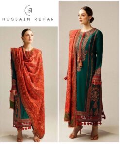Hussain Rehar DHK-680 Winter Dhanak Embroidered 3 Piece Suit featuring front full embroidery and a digital print wool shawl.