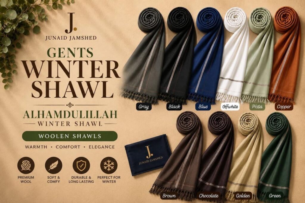 Premium quality gents winter wool shawl elegantly draped over traditional Pakistani menswear
