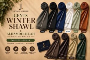 Premium quality gents winter wool shawl elegantly draped over traditional Pakistani menswear