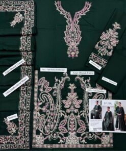 The defining characteristic of this luxurious outfit is its spectacular Front Full Embroidery detailing. The shirt front is lavishly decorated with dense, meticulously crafted motifs that radiate formal elegance. Providing a boutique-style appeal, this heavy threadwork makes the ensemble absolute perfection for winter weddings and upscale family gatherings, rivaling the majestic aesthetics of the Jazmin DHK-673 Luxury Suit.