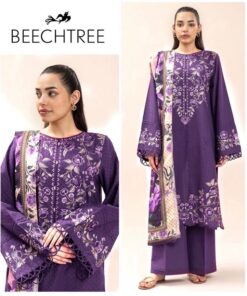 Beechtree DHK-675 Winter Dhanak Embroidered 3 Piece Suit featuring front full embroidery and a digital print wool shawl.