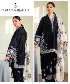 Zara Shahjahan DHK-685 Winter Dhanak Embroidered 3 Piece Suit featuring front full heavy embroidery and a digital print wool shawl.