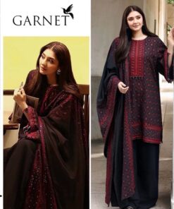 Garnit DHK-674 Winter Dhanak Embroidered 3 Piece Luxury Suit featuring front full heavy embroidery with an embroidered Dhanak shawl.