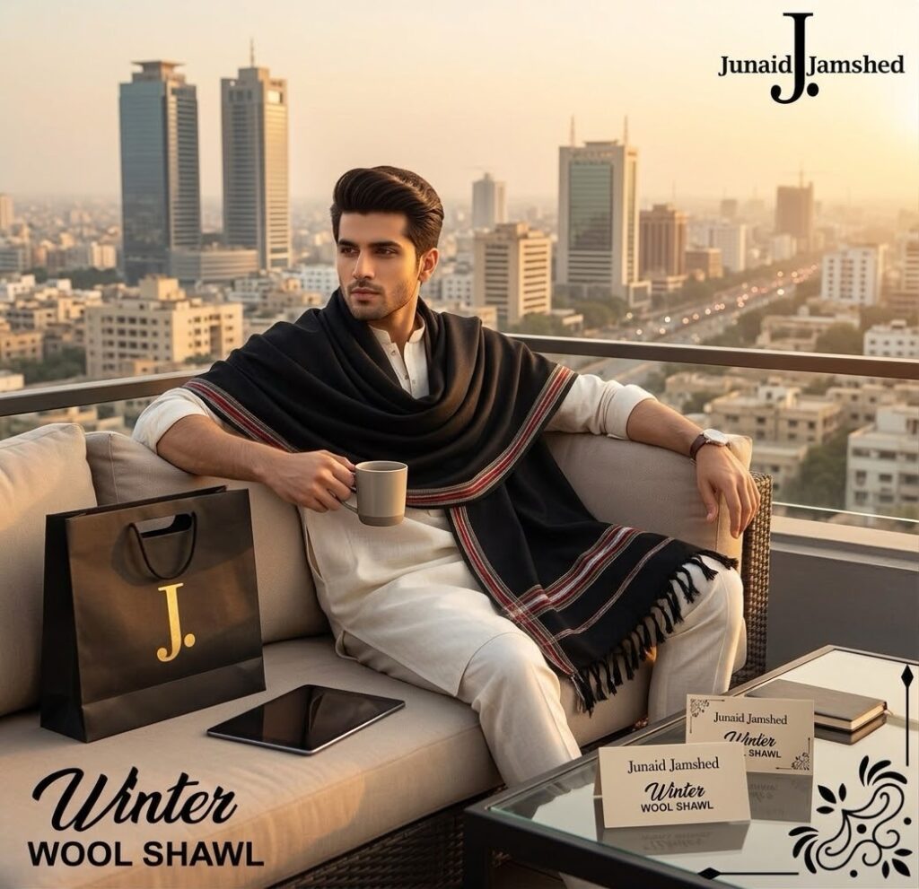 Junaid Jamshed Men's Winter Wool Shawl in premium fabric from Abu Hurairah Fabrics