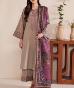 JAZMIN DHK-673 Winter Dhanak Embroidered 3 Piece Luxury Suit featuring front heavy embroidery, embroidered trouser, and digital printed dupatta.