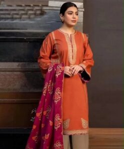 Coco By Zara Shahjahan DHK-671 Dhanak Winter Embroidered 3 Piece Luxury Suit featuring front and daman heavy embroidery with a digital printed dupatta.