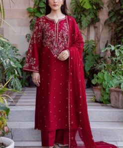 Batik DHK-679 Winter Dhanak Embroidered 3 Piece Luxury Suit featuring front and daman heavy embroidery, dyed trouser, and a dhanak embroidered shawl.