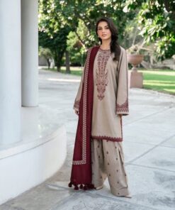 Khaadi DHK-678 Winter Dhanak Embroidered 3 Piece Suit featuring front and daman heavy embroidery, embroidered trouser, and a dhanak embroidered shawl.